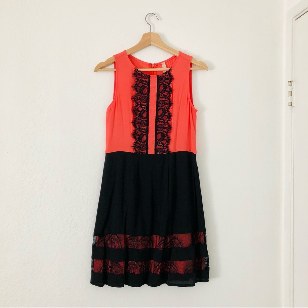 Coral/Black Lace Detail Dress